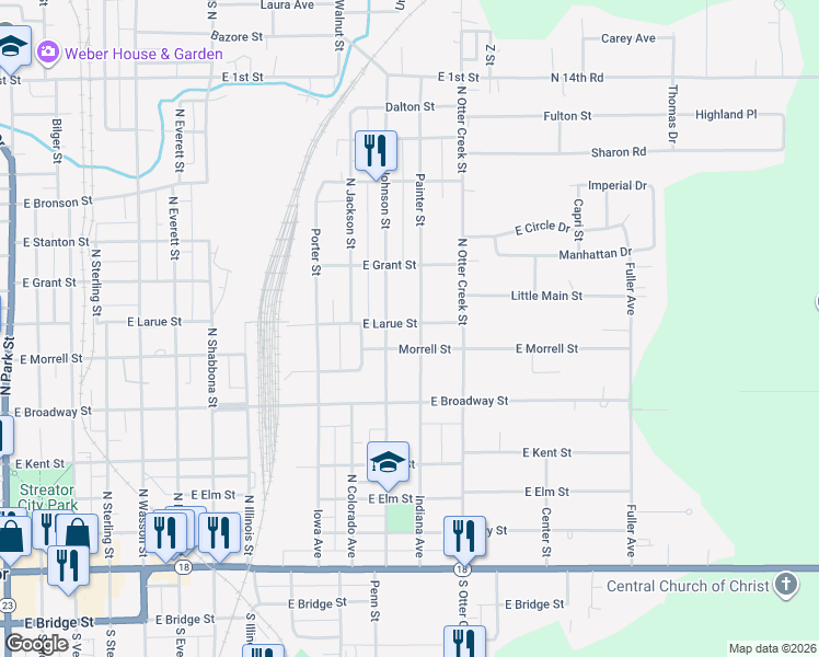 map of restaurants, bars, coffee shops, grocery stores, and more near 801 Painter Street in Streator