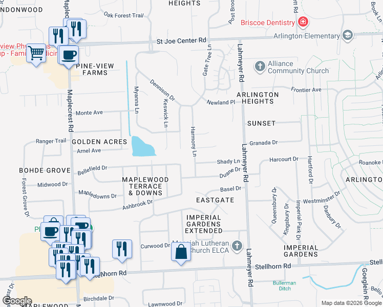 map of restaurants, bars, coffee shops, grocery stores, and more near 7103 Sandyridge Pl in Fort Wayne