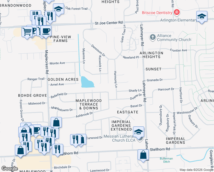 map of restaurants, bars, coffee shops, grocery stores, and more near 5213 Willman Ln in Fort Wayne