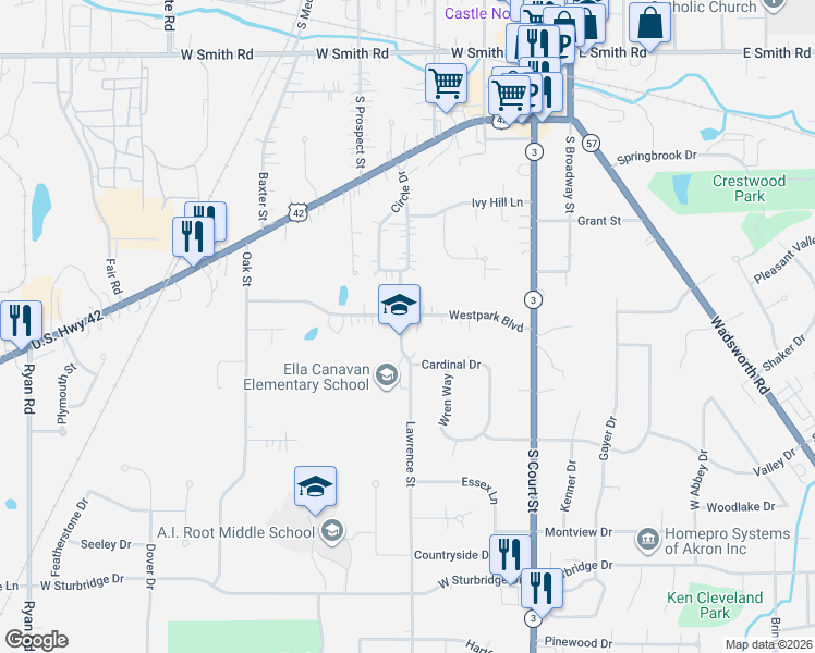 map of restaurants, bars, coffee shops, grocery stores, and more near 321 Westpark Boulevard in Medina