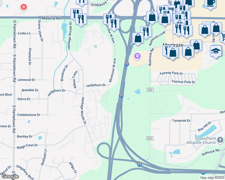 map of restaurants, bars, coffee shops, grocery stores, and more near 185 Montrose West Avenue in Copley