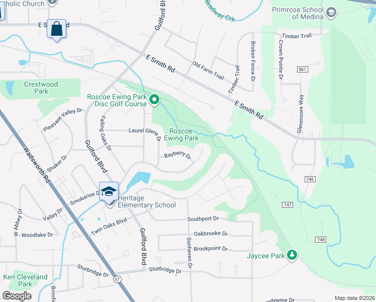 map of restaurants, bars, coffee shops, grocery stores, and more near 983 Bayberry Drive in Medina