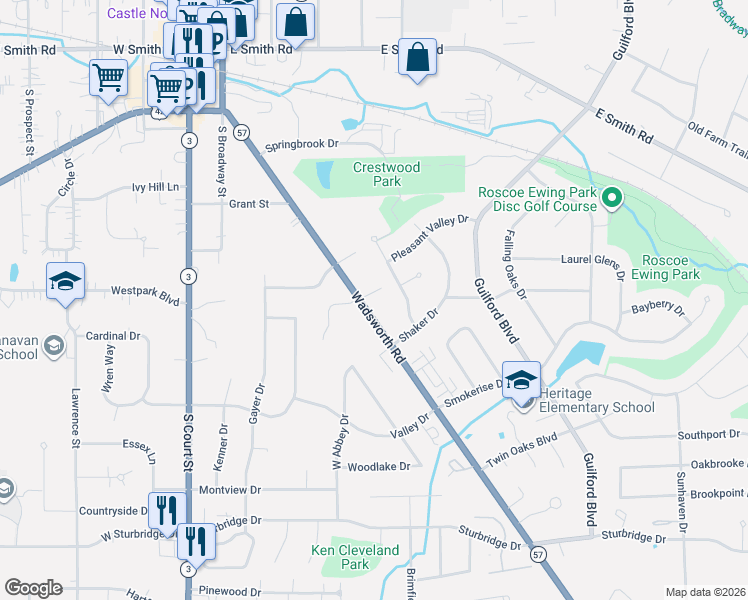 map of restaurants, bars, coffee shops, grocery stores, and more near 840 Wadsworth Road in Medina