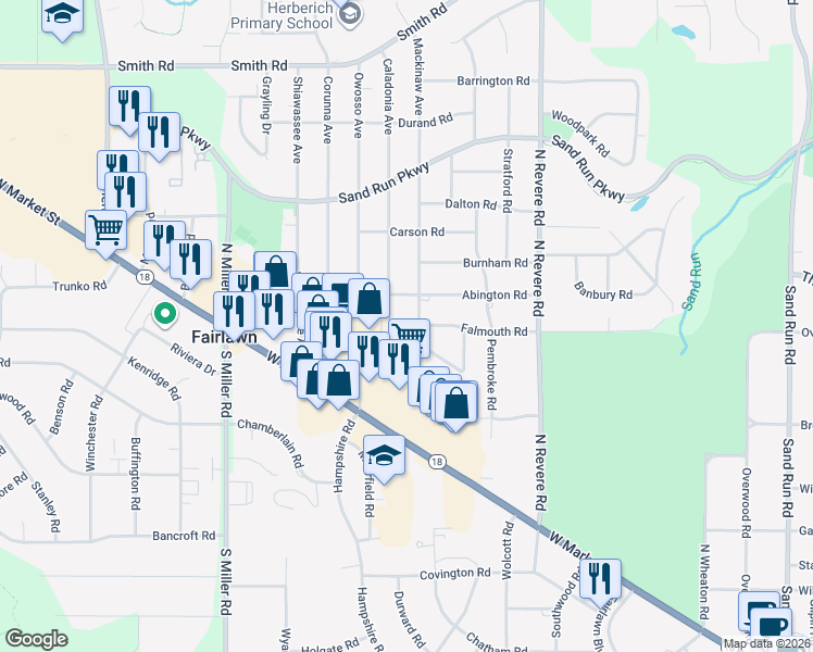 map of restaurants, bars, coffee shops, grocery stores, and more near 2574 Falmouth Road in Fairlawn