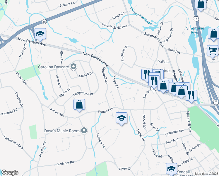 map of restaurants, bars, coffee shops, grocery stores, and more near 19 Cornwall Road in Norwalk