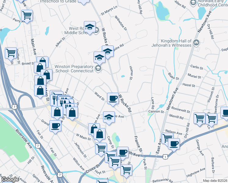 map of restaurants, bars, coffee shops, grocery stores, and more near 6 Buttonball Trail in Norwalk