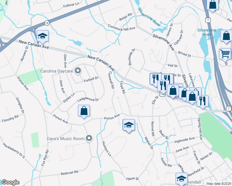 map of restaurants, bars, coffee shops, grocery stores, and more near 19 Cornwall Road in Norwalk