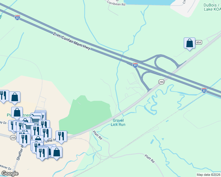 map of restaurants, bars, coffee shops, grocery stores, and more near 83 Anderson Road in DuBois