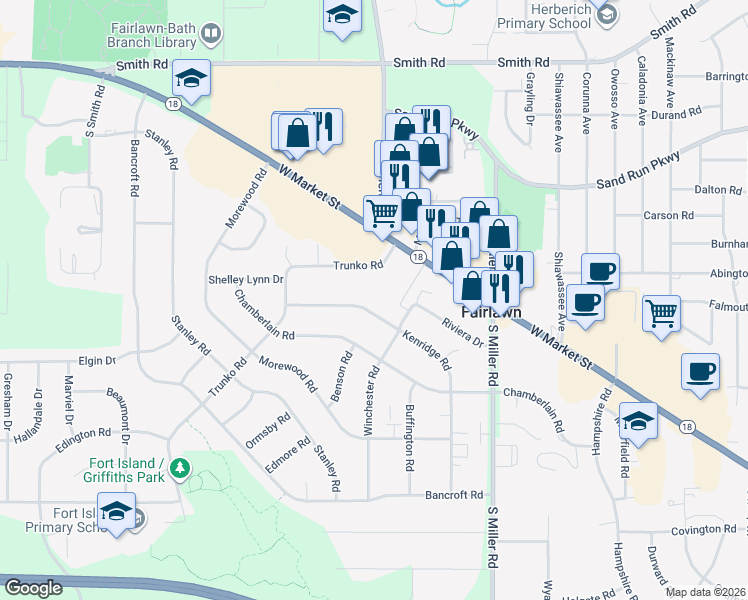 map of restaurants, bars, coffee shops, grocery stores, and more near 99 Kenridge Road in Fairlawn