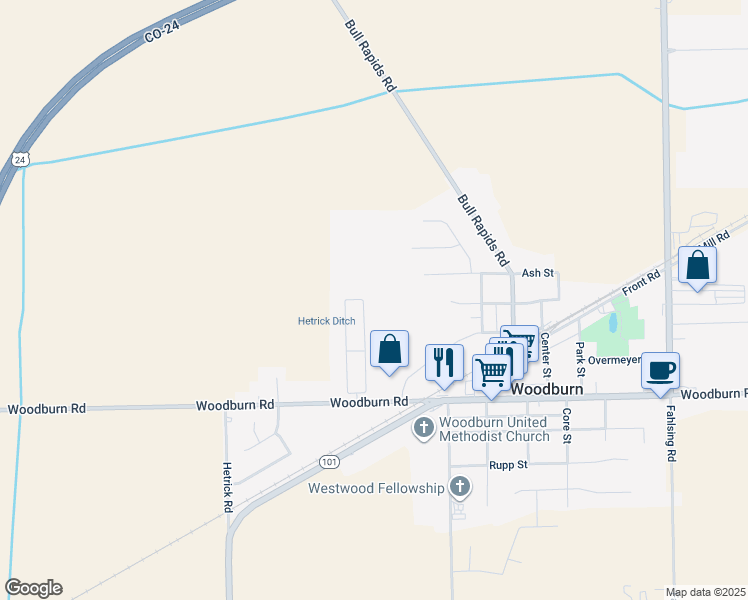 map of restaurants, bars, coffee shops, grocery stores, and more near 22003 Ash Street in Woodburn