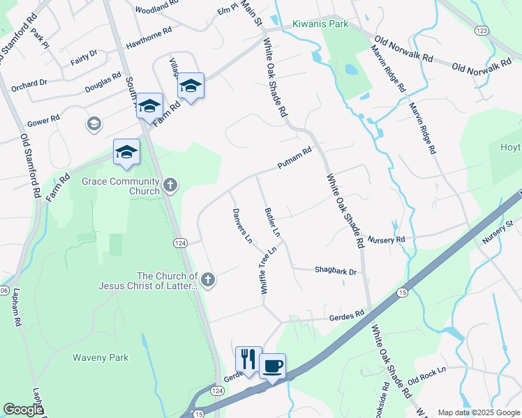 map of restaurants, bars, coffee shops, grocery stores, and more near 45 Butler Lane in New Canaan