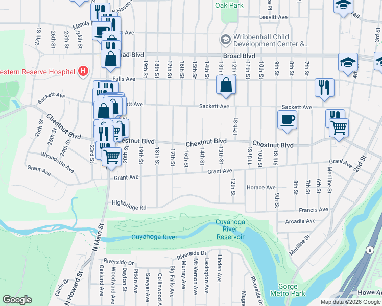 map of restaurants, bars, coffee shops, grocery stores, and more near 1418 Chestnut Boulevard in Cuyahoga Falls