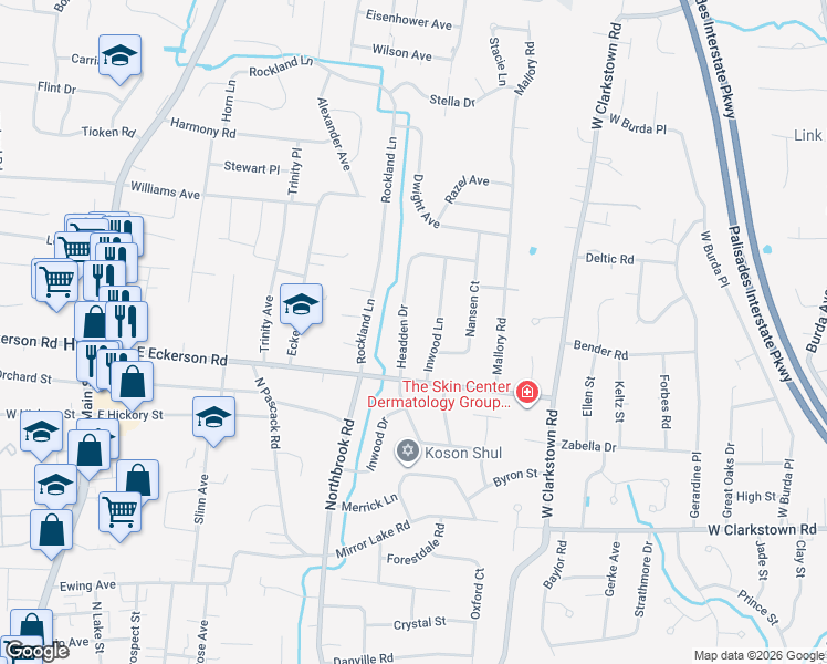 map of restaurants, bars, coffee shops, grocery stores, and more near 10 Inwood Lane in Spring Valley