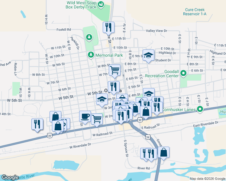 map of restaurants, bars, coffee shops, grocery stores, and more near in Ogallala