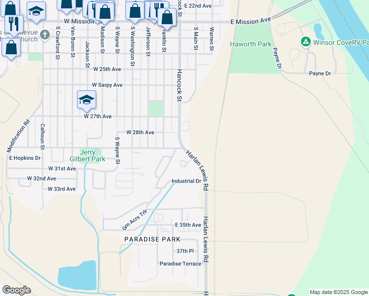 map of restaurants, bars, coffee shops, grocery stores, and more near 2809 South Hancock Street in Bellevue