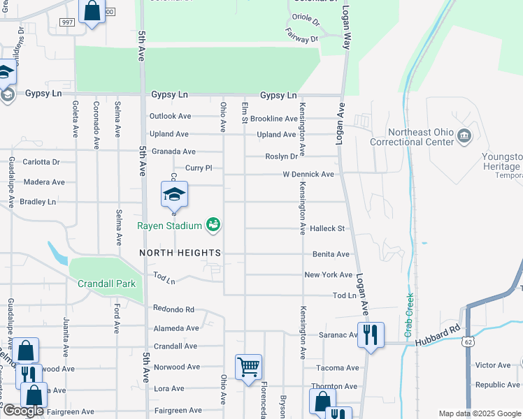 map of restaurants, bars, coffee shops, grocery stores, and more near 167 Lauderdale Avenue in Youngstown