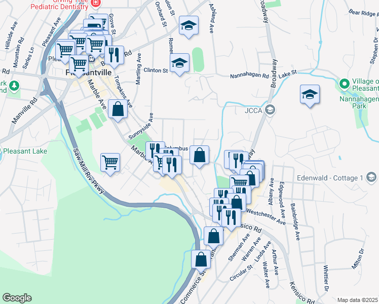 map of restaurants, bars, coffee shops, grocery stores, and more near 85 Columbus Avenue in Pleasantville