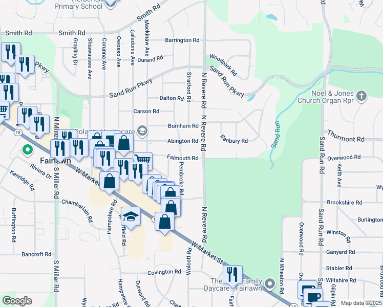 map of restaurants, bars, coffee shops, grocery stores, and more near 2451 Falmouth Road in Fairlawn