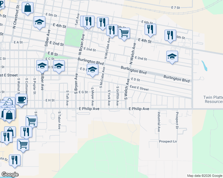 map of restaurants, bars, coffee shops, grocery stores, and more near 501-699 South York Avenue in North Platte