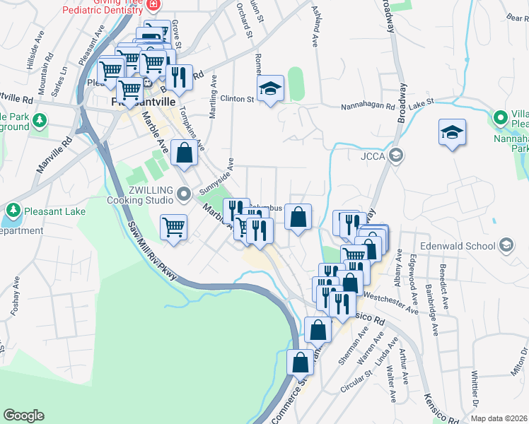map of restaurants, bars, coffee shops, grocery stores, and more near 51 Columbus Avenue in Pleasantville