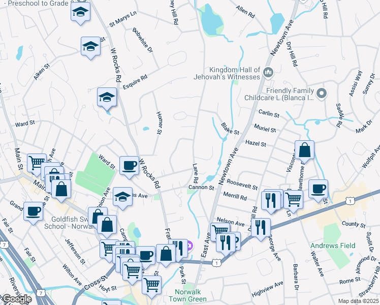 map of restaurants, bars, coffee shops, grocery stores, and more near 14 Old Lantern Place in Norwalk