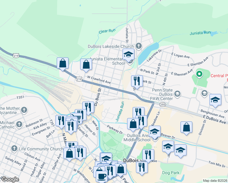 map of restaurants, bars, coffee shops, grocery stores, and more near 201-299 W DuBois Ave in DuBois