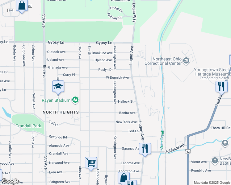 map of restaurants, bars, coffee shops, grocery stores, and more near 69 Lauderdale Avenue in Youngstown