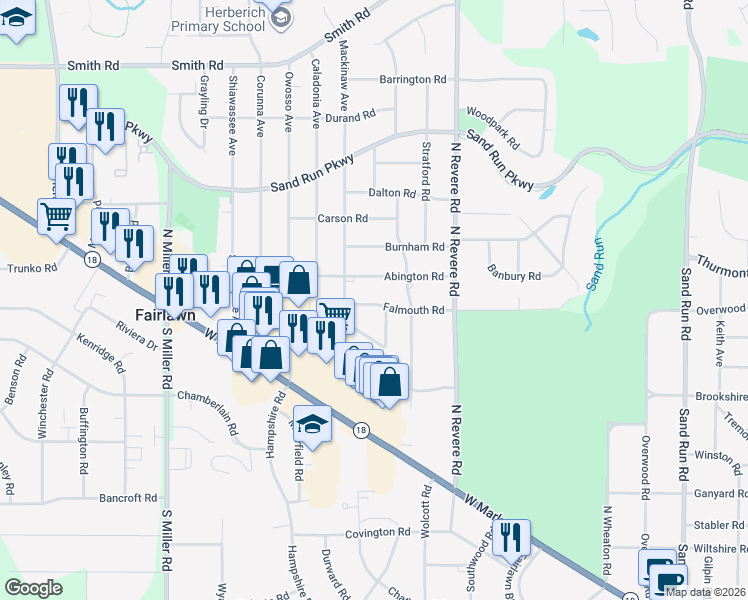 map of restaurants, bars, coffee shops, grocery stores, and more near 2545 Falmouth Road in Fairlawn