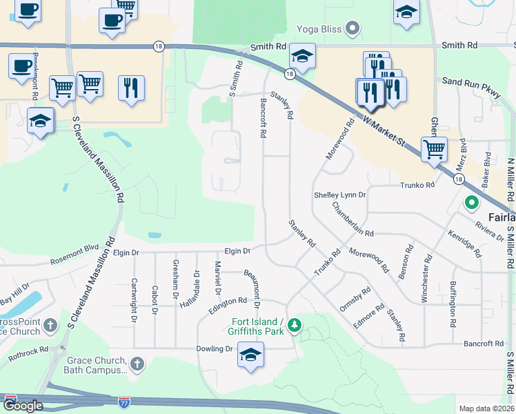 map of restaurants, bars, coffee shops, grocery stores, and more near 3312 Bancroft Road in Fairlawn