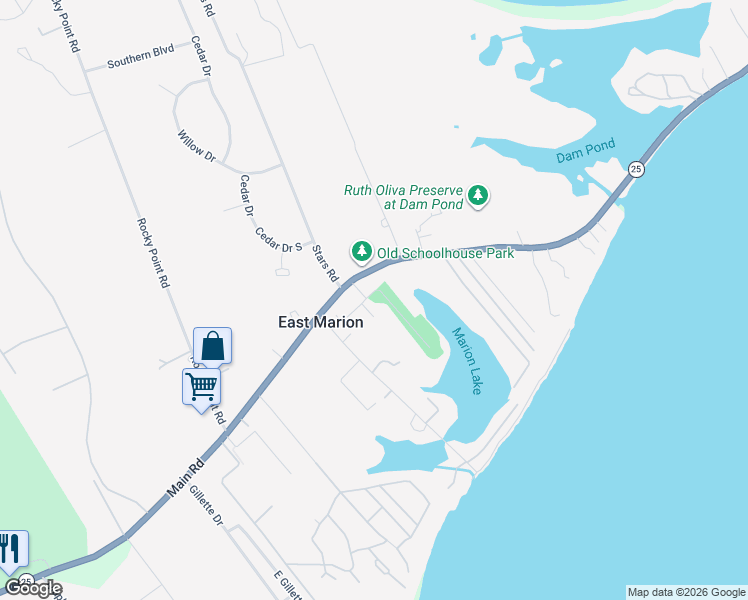 map of restaurants, bars, coffee shops, grocery stores, and more near 195 Cemetery Road in East Marion