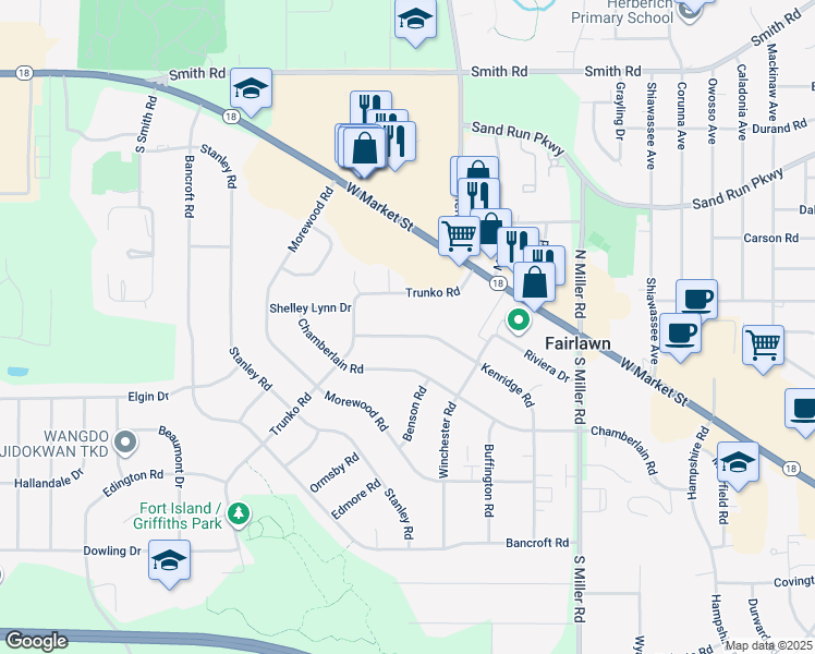 map of restaurants, bars, coffee shops, grocery stores, and more near 75 Kenridge Road in Fairlawn
