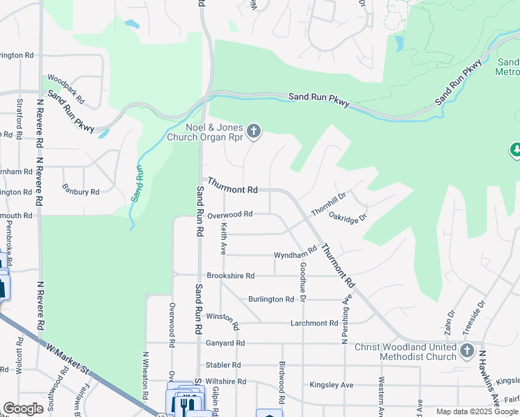 map of restaurants, bars, coffee shops, grocery stores, and more near 494 Overwood Road in Akron