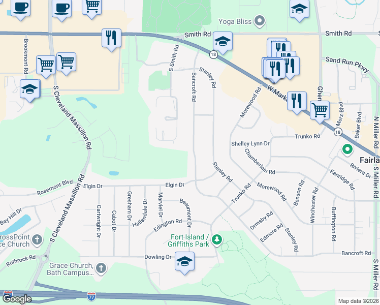 map of restaurants, bars, coffee shops, grocery stores, and more near 3312 Bancroft Road in Fairlawn