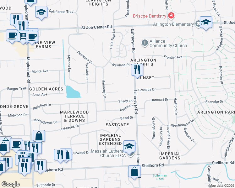 map of restaurants, bars, coffee shops, grocery stores, and more near 7214 Sandyridge Place in Fort Wayne