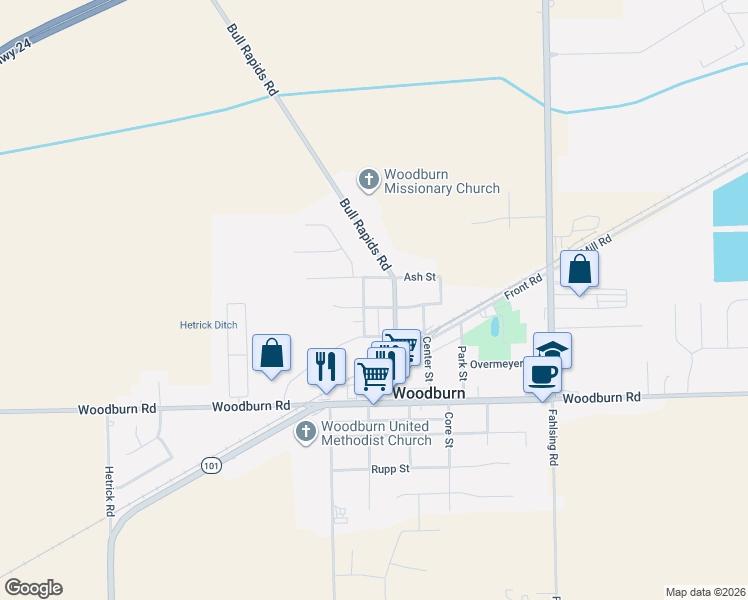 map of restaurants, bars, coffee shops, grocery stores, and more near 4817 Bull Rapids Road in Woodburn