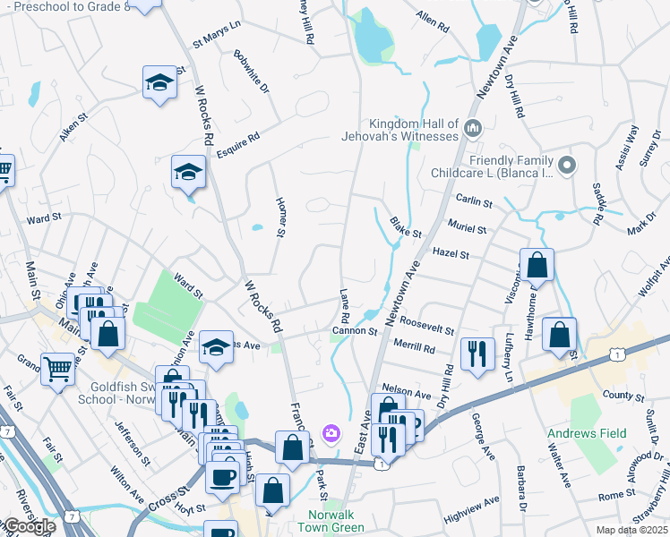 map of restaurants, bars, coffee shops, grocery stores, and more near 14 Old Lantern Place in Norwalk