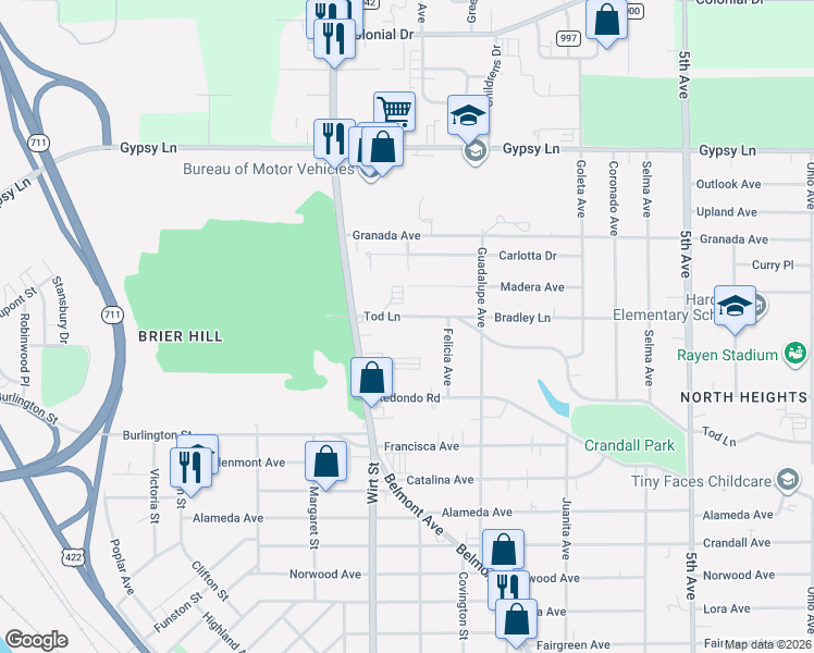 map of restaurants, bars, coffee shops, grocery stores, and more near 599 Tod Lane in Youngstown