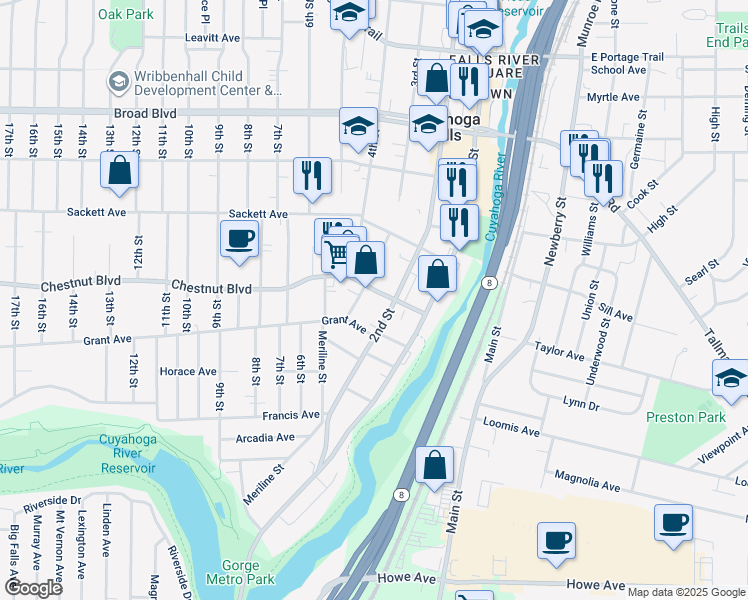 map of restaurants, bars, coffee shops, grocery stores, and more near 228 Chestnut Blvd in Cuyahoga Falls