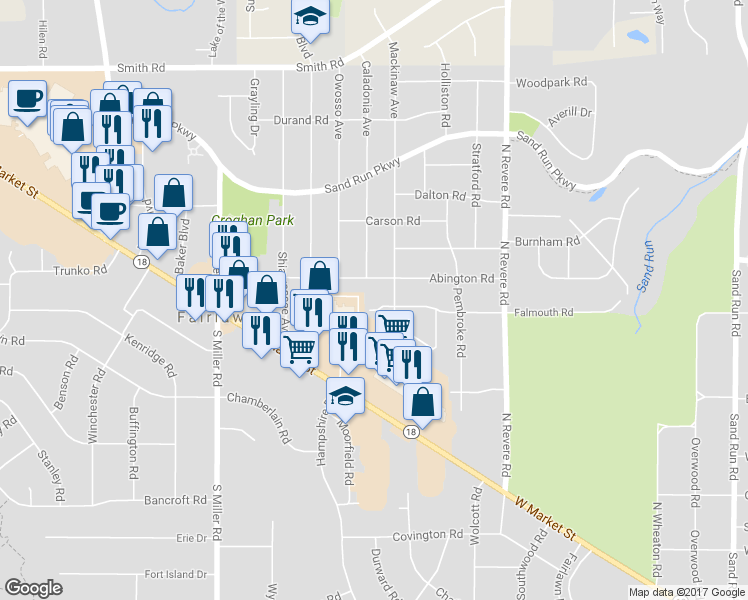 map of restaurants, bars, coffee shops, grocery stores, and more near 2587 Falmouth Road in Fairlawn