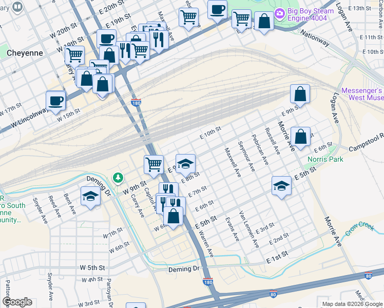 map of restaurants, bars, coffee shops, grocery stores, and more near 404 East 9th Street in Cheyenne