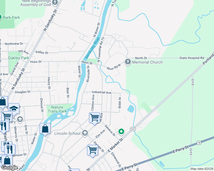 map of restaurants, bars, coffee shops, grocery stores, and more near 338 Ohio Avenue in Tiffin