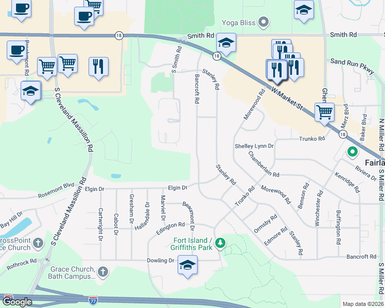 map of restaurants, bars, coffee shops, grocery stores, and more near 3312 Bancroft Road in Fairlawn