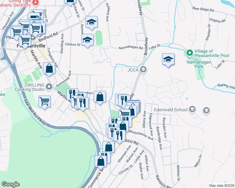 map of restaurants, bars, coffee shops, grocery stores, and more near 10 Samson Drive in Pleasantville