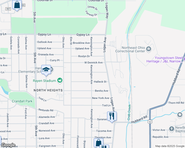 map of restaurants, bars, coffee shops, grocery stores, and more near 69 Lauderdale Avenue in Youngstown