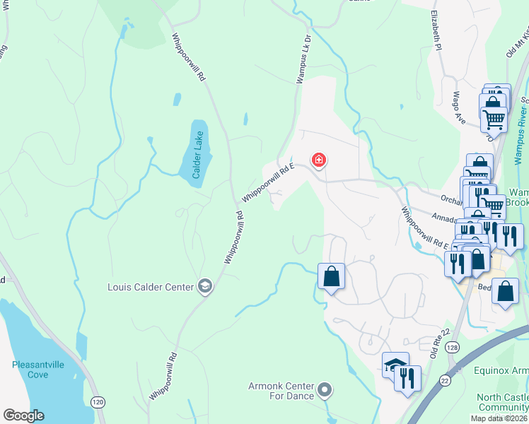 map of restaurants, bars, coffee shops, grocery stores, and more near 89 Whippoorwill Road East in Armonk