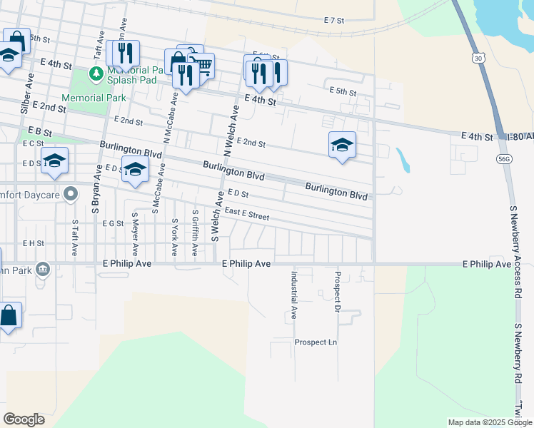 map of restaurants, bars, coffee shops, grocery stores, and more near 1801-2419 East E Street in North Platte