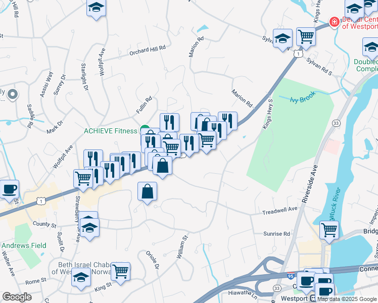 map of restaurants, bars, coffee shops, grocery stores, and more near in Norwalk
