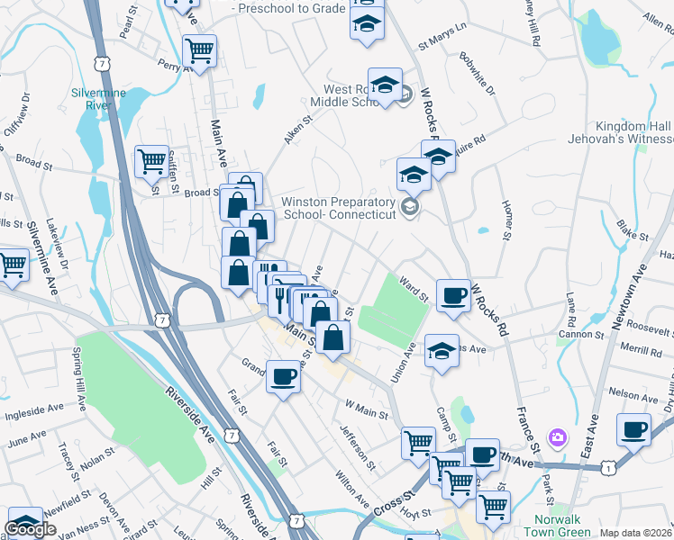 map of restaurants, bars, coffee shops, grocery stores, and more near 30 Plymouth Avenue in Norwalk