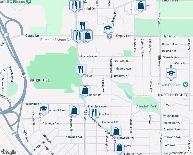 map of restaurants, bars, coffee shops, grocery stores, and more near 599 Tod Lane in Youngstown