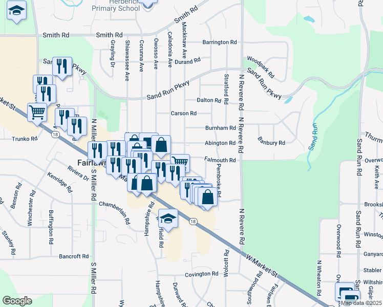 map of restaurants, bars, coffee shops, grocery stores, and more near 2545 Falmouth Road in Fairlawn